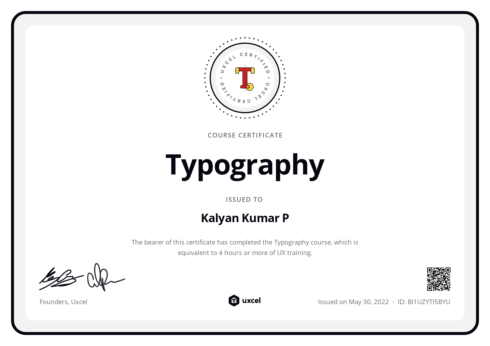 Kalyan Kumar P's certificate